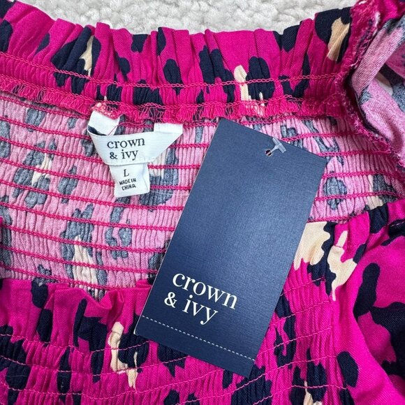 Crown & Ivy Leopard Print Smocked Front Maxi Dress Pink Navy Large NEW - Picture 4 of 10